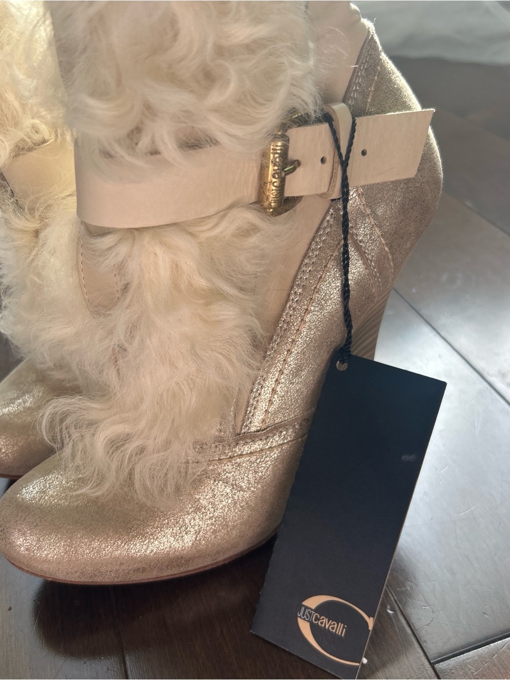 Just Cavalli Gold Metallic Leather Fur Trim Boots - Picture 3 of 5